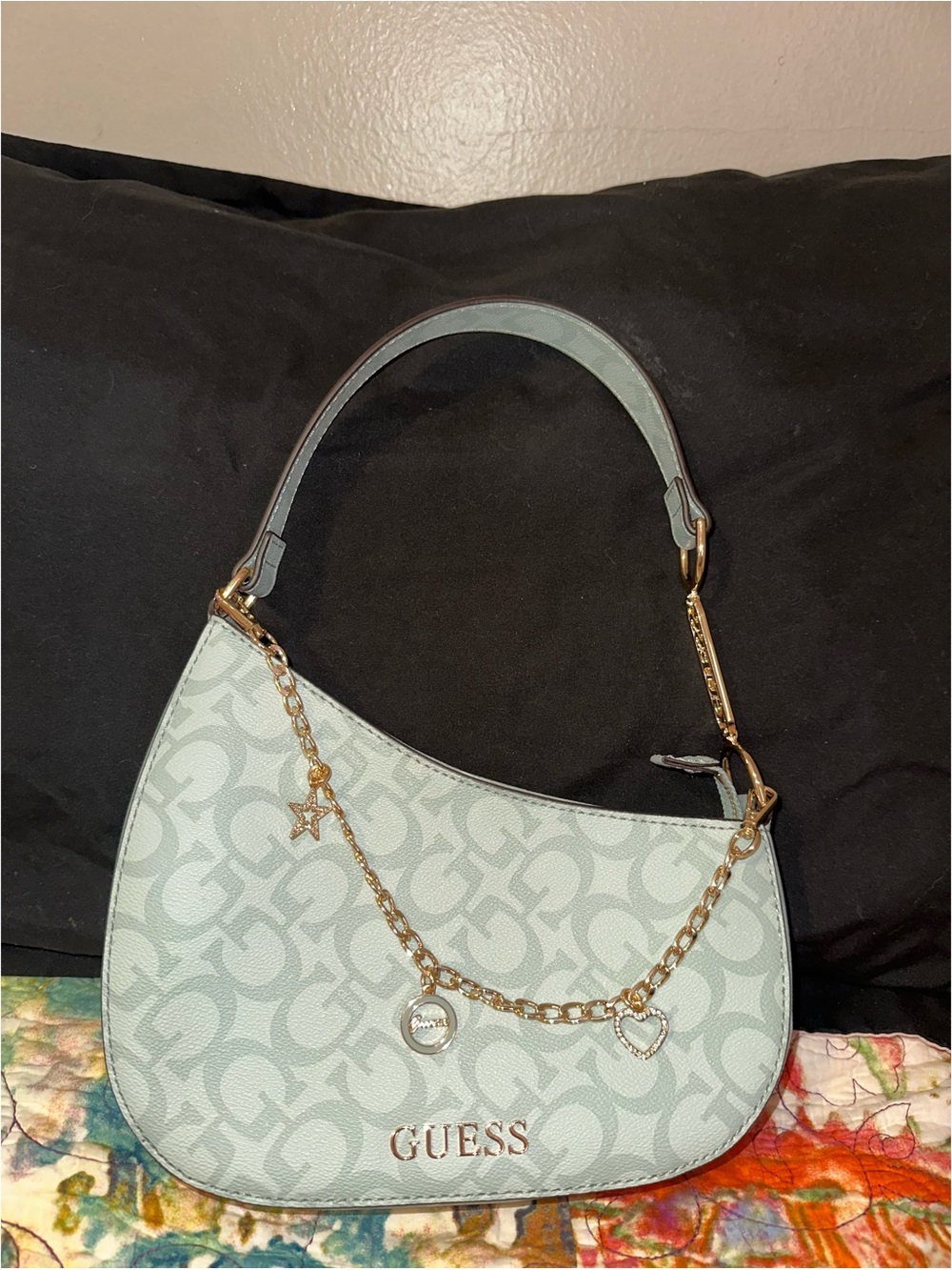 NWOT GUESS Mini Blue Logo Shoulder Bag with Gold Charm Chain